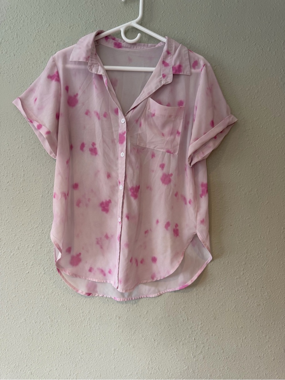 Light Pink Tie-Dye Short Sleeve Button Front Shirt, Sheer